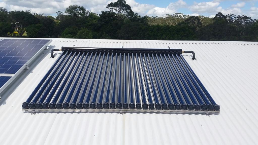 Evacuated tube solar hot water system on colorbond tin roof